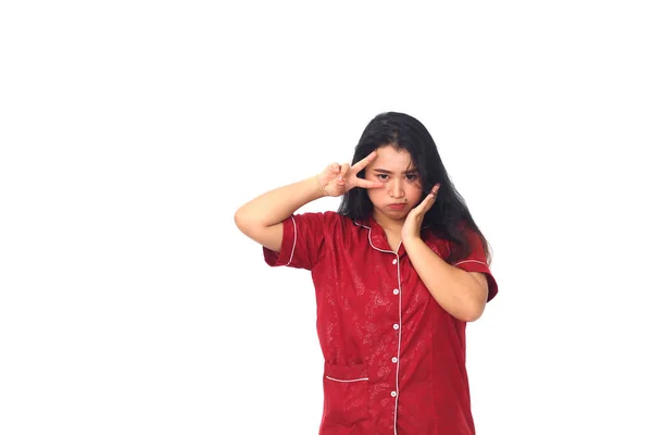 Asiática Chica Usando Camisón Rojo Pie Sobre Fondo Blanco Con — Foto de Stock