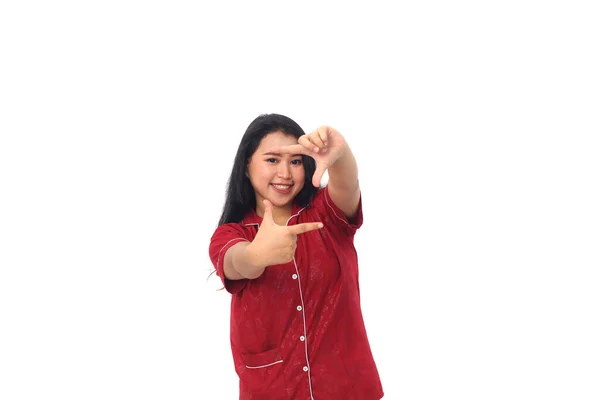 Happy Asian Girl Wearing Red Nightgown Standing White Background — Stock Photo, Image