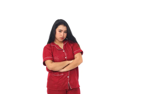 Азиатская Девушка Красной Ночной Рубашке Стоящей Белом Фоне Копирайтом — стоковое фото