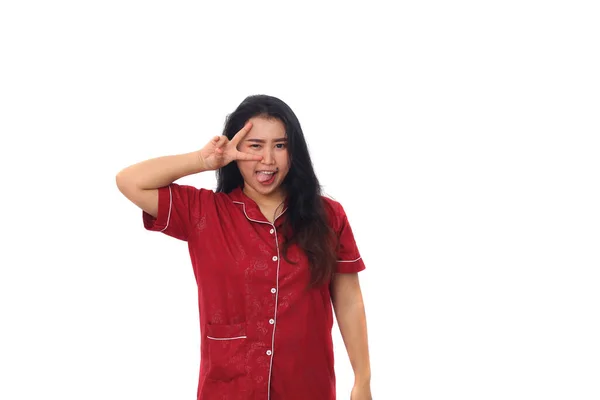 Happy Asian Girl Wearing Red Nightgown Standing White Background — Stock Photo, Image