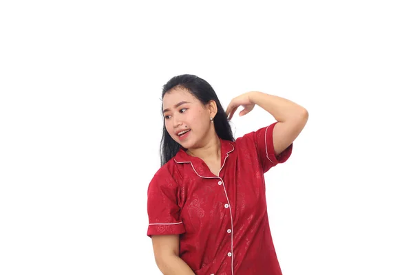 Asian Girl Wearing Red Nightgown Standing White Background Copyspace — Stock Photo, Image