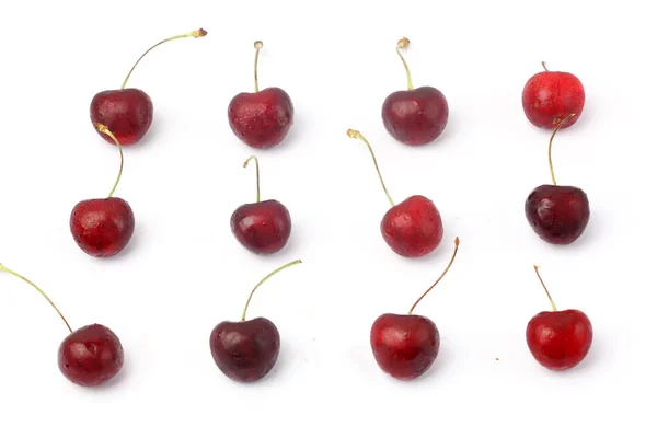 Rode Rijpe Kersen Geïsoleerd Witte Uitsnede Berry Met Kopieerruimte Voor — Stockfoto