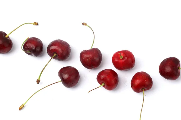 Rode Rijpe Kersen Geïsoleerd Witte Uitsnede Berry Met Kopieerruimte Voor — Stockfoto