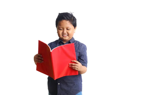 Adorable Asian Boy Blue Standing While Reading Book Isolated White — Stock Photo, Image