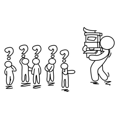 Çok çalışan birinin birçok şeyi kaldırdığı karikatür görüntüsü. Diğerleri ise sadece soru işaretiyle baktılar. Sıkı çalışma konsepti. El çizimi.