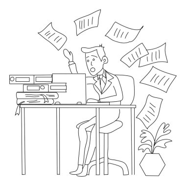 Bir çalışanın el çizimi belgeleri incelerken bir şey arıyor. Vektör