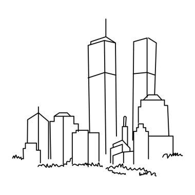 Vector ince çizgi şehir manzarası. Yüksek gökdelenleri olan Panorama kentsel şehir manzarası