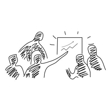 Bir grup işçi bir toplantıda birlikte çalışıyor. Bir tanesi ofisteki meslektaşlarına sunum yapıyor. El çizimi, vektör