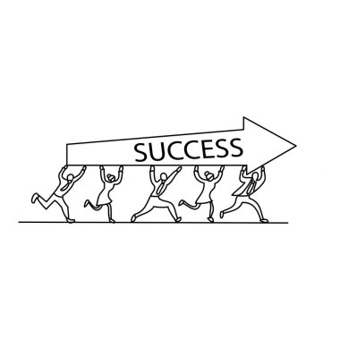 Vektör el çizimi takım çalışması çizimi. Ayakta duran ve elinde bir ok tutan beş kişilik bir ekip.