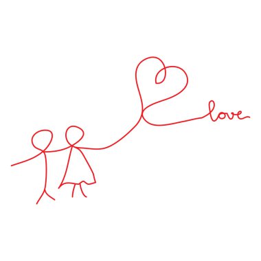 İki insanın kesintisiz çizimi ve aşk kelimesi, kırmızı vektör minimalist aşk konsepti.