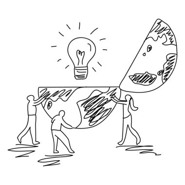 Dünya fikrine kapılan grubun eskizi. El çizimi.