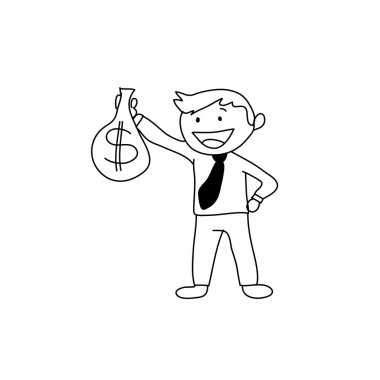 Vektör düz çizim. Çantası para dolu bir işletme müdürü ya da iş adamı. İş adamı doları. Mutlu karakter .