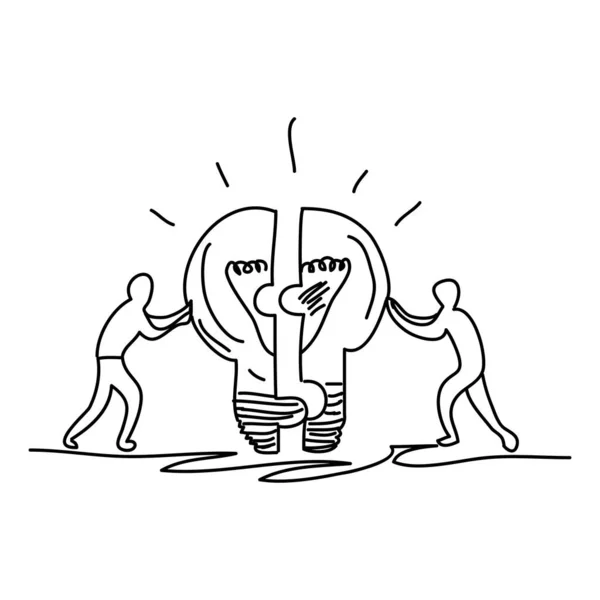 A sketch of two people are combining a light bulb puzzle, symbolizing an idea