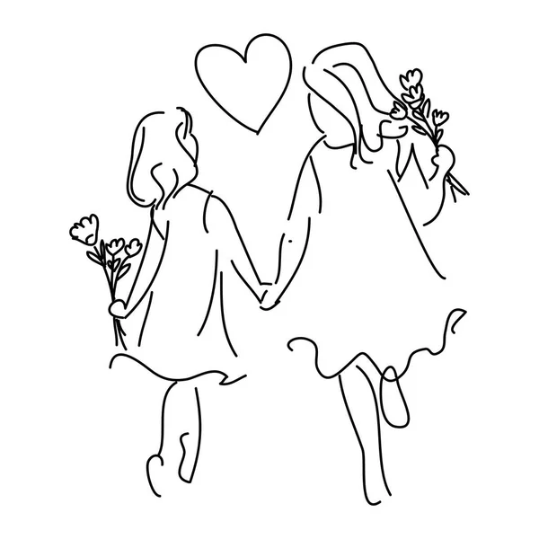 Sketsa Dua Wanita Berjalan Dan Memegang Tangan Sambil Membawa Bunga - Stok Vektor