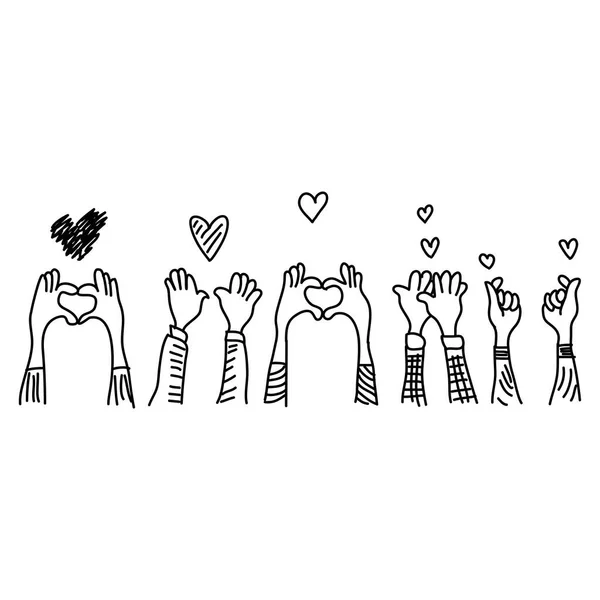 Main Dessinée Nombreuses Mains Avec Geste Amour Saint Valentin Doodle — Image vectorielle