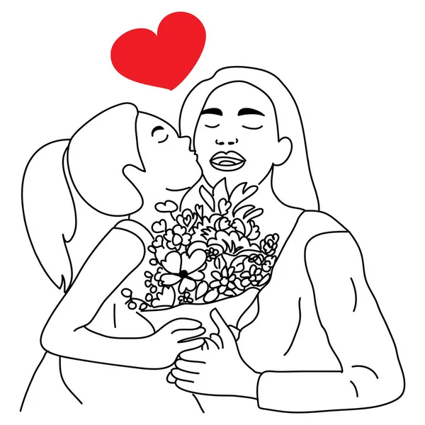 牵手的孩子在送花的时候亲吻他的母亲 母亲节的概念 — 图库矢量图片