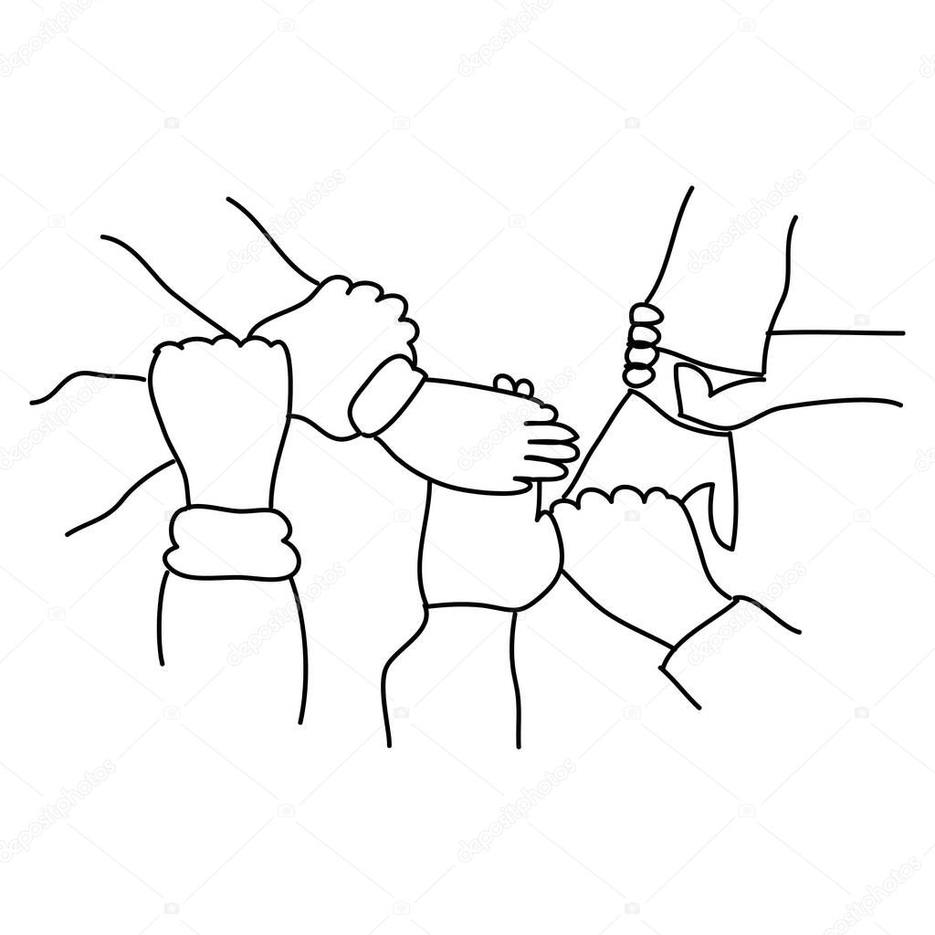 Sketch of a group holding hands together. Teamwork concept. Vector