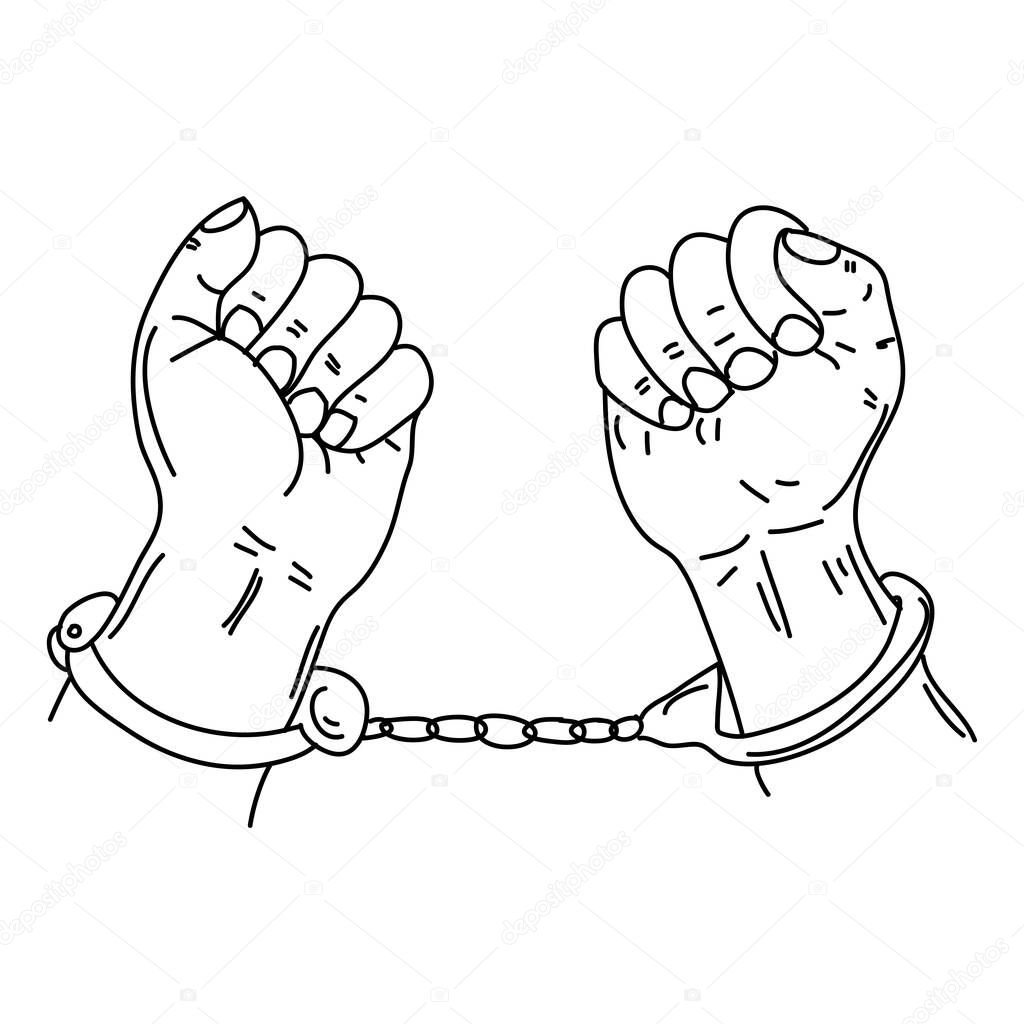 Hand drawn of hands in strained steel handcuffs. Imprisoned hands in chains. Prisoners hands. Sketch, Illustration, vector