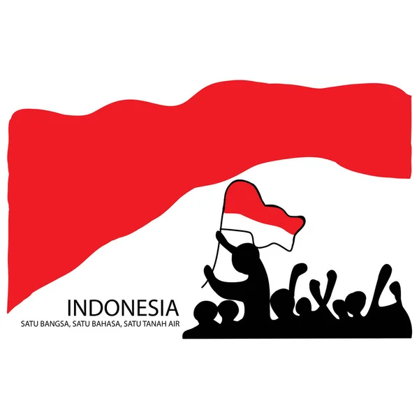 Mano Dibujada Bandera Roja Blanca Indonesia Con Pueblo Indonesio Están — Vector de stock