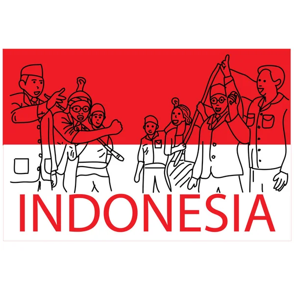 Bandera Roja Blanca Bandera Indonesia Con Boceto Héroes Indonesios — Vector de stock