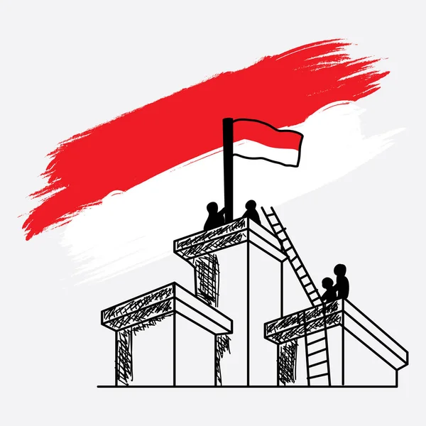 Handgezeichnete Menschen Hissen Die Indonesische Flagge Auf Einem Gebäude — Stockvektor