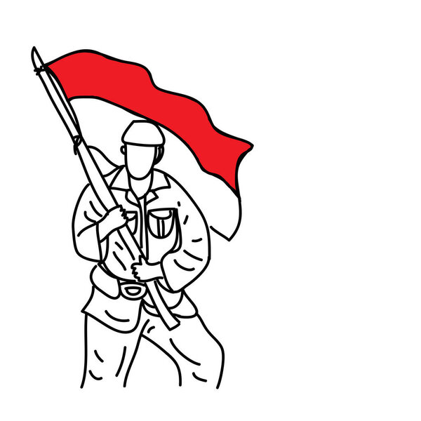 Рисунок солдата или героя с традиционным оружием и флагом Индонезии. Концепция Дня независимости Индонезии