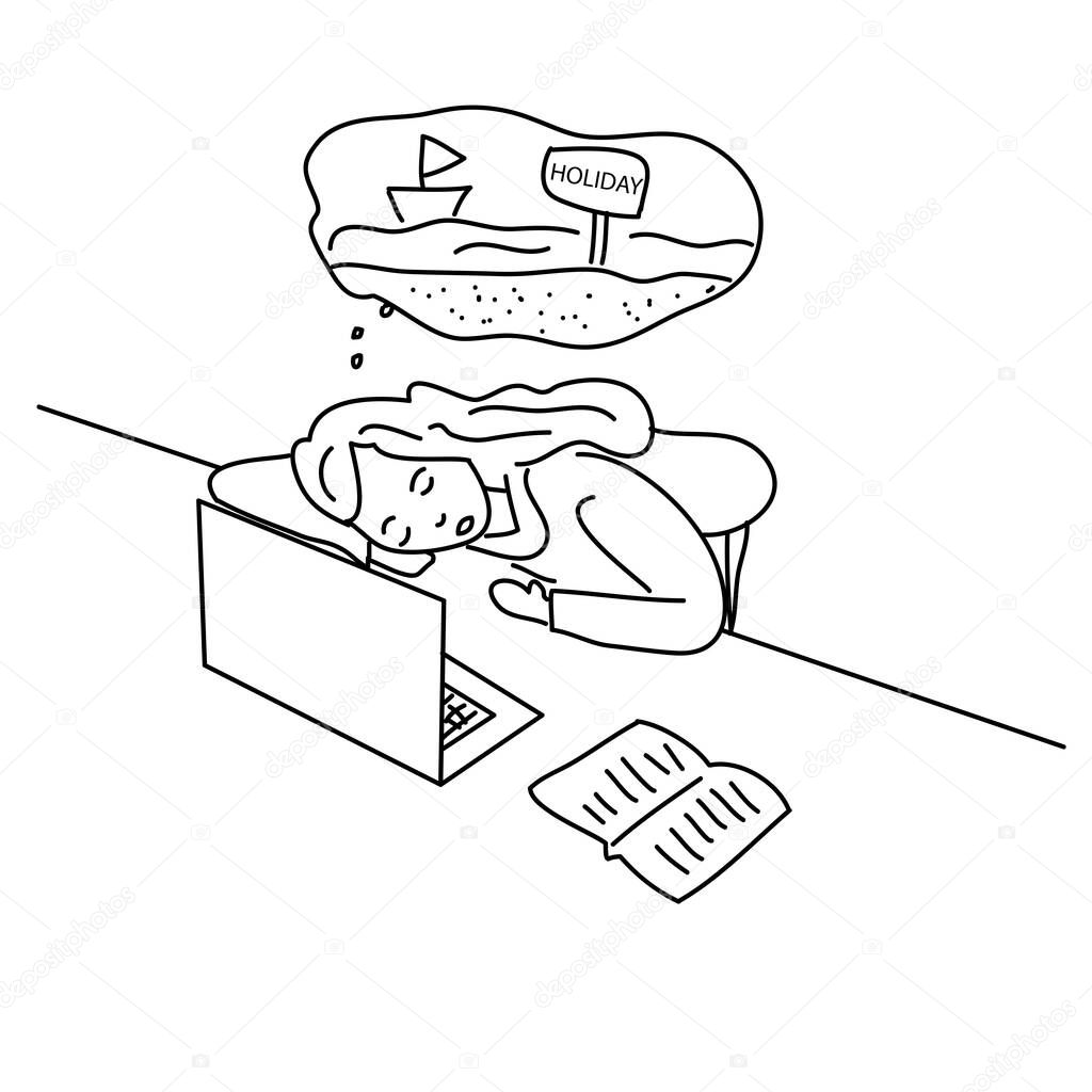 Hand Drawn Of Asleep College Girl While Doing Homework She Dreams Of A Vacation Cute Cartoon Vector Illustration Premium Vector In Adobe Illustrator Ai Ai Format Encapsulated Postscript Eps Eps Format