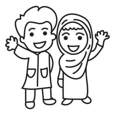 Santri ya da Müslüman öğrencilerin el çizimi. Vektör, resimleme.