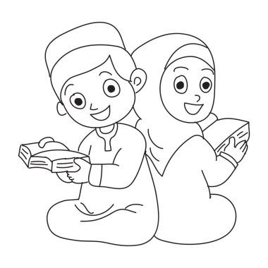 El çizimi mutlu Santri ya da El-Kuran okuyan Müslüman öğrenciler. Vektör, resimleme.