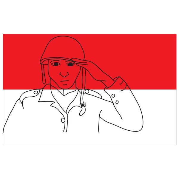 Skizze Indonesischer Soldaten Vor Dem Hintergrund Der Indonesischen Flagge Handgezeichnet — Stockvektor