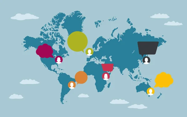 世界地図上のスピーチの泡を持つ人々 グローバル コミュニケーション コンセプト — ストックベクタ
