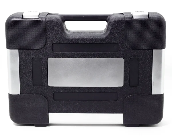 Caixa preta com um conjunto de ferramentas automotivas em um fundo branco — Fotografia de Stock