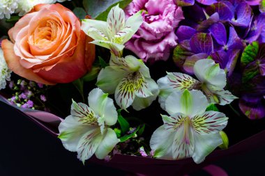 ortanca, şakayık gül, krizantem, eustoma ve alstroemeria yakın çekim monte parlak zıt buket