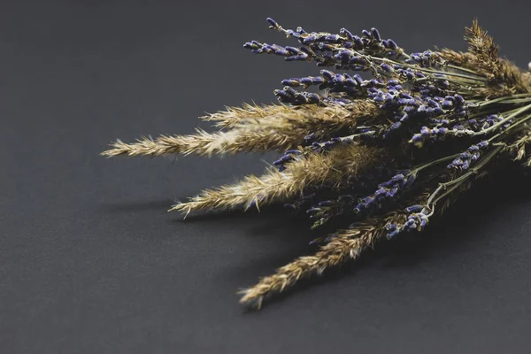 Boeket van lavendel en granen op een donkere achtergrond — Stockfoto