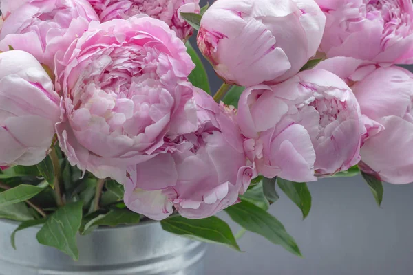 Roze pioenrozen in een vaas. Pioenrozen roze achtergrond. — Stockfoto