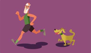 Beyaz sakallı, evcil köpekle koşan yaşlı adamın hoş parlak bir çizimi. Yaşlı erkek vatandaş sağlıklı ve aktif bir hayat sürüyor ve koşuya çıkıyor.