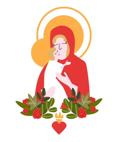 圣母玛利亚的可爱的矢量插图与婴儿耶稣围绕着开花的花朵 玫瑰和离世的心脏 圣诞节教堂装饰用基督教宗教设计的神圣圣家 — 图库矢量图片