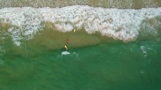 Cirkling Över Havet Och Surfare Vågorna — Stockvideo