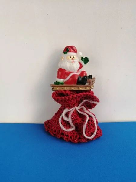 Santa Claus Greeting Big Christmas Bag Gifts Tied White Thread — Stock Photo, Image