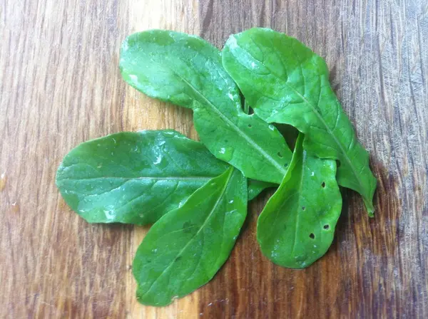 Leaflets Fresh Young Arugula Wooden Surface — Stock Photo, Image