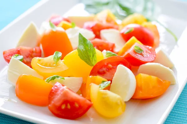 Salada de frutas com tomate, pêssego e queijo fresco Imagens De Bancos De Imagens Sem Royalties