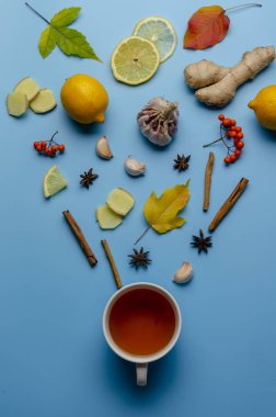 Bitkisel ilaç. Mavi arka plan üzerinde alternatif sağlıklı bakım. Üstten görünüm. Uzay kopyalayın. Düz yatıyordu