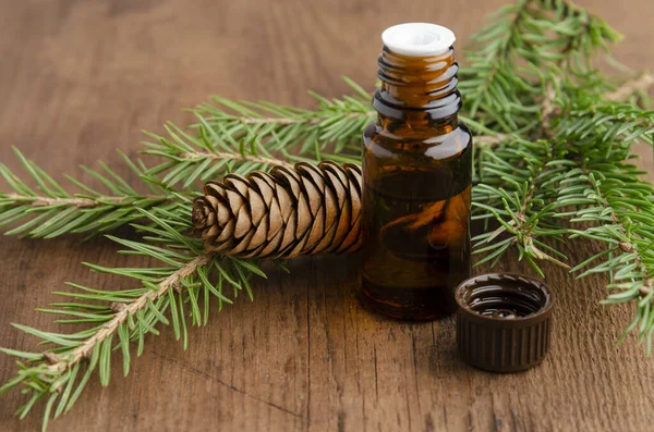 Bottle of fir tree essential oil on wooden background with pine cone — Stock Photo, Image