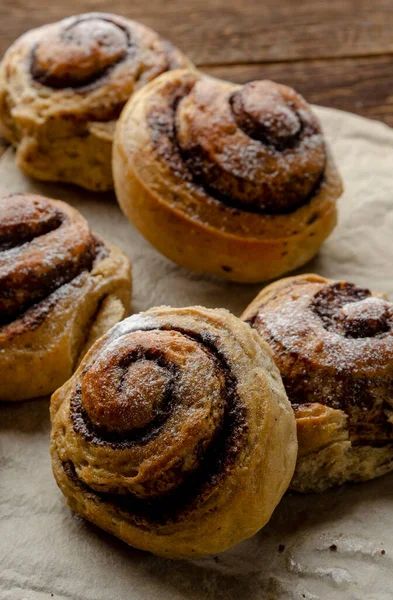 Buns made from banana dough with chocolate and cinnamon. Delicious breakfast — Stock Photo, Image