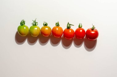 Beyaz arka planda renkli organik kiraz domatesleri. Diyet mi sağlıklı yemek mi?