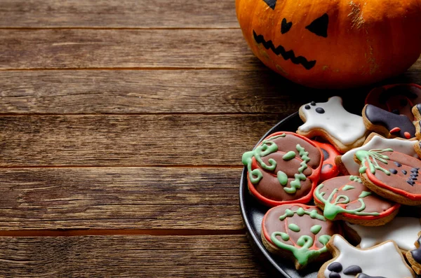 Lebkuchen Halloween Und Kürbis Auf Holzgrund Raum Für — Stockfoto