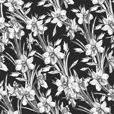 8 Mart 'a kadar kusursuz bir düzen, Uluslararası Kadınlar Günü afişi. Eline kalem çizilmiş narsisli tebrik kartı. Çiçek arkaplanı. Klasik tasarım tekstil, kumaş, dulluk daveti, baskı, kıyafetler..