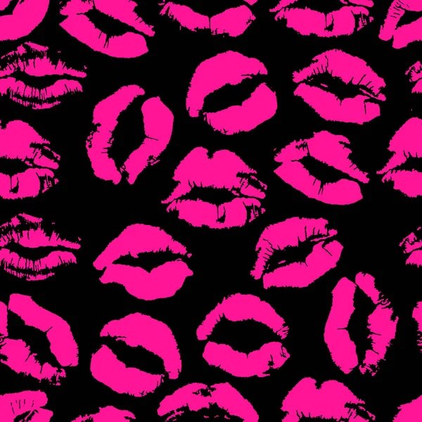 Seamless fashion pattern lips in trendy pink colors on black backgraund. Kisses of pink lipstick for Valentine day, Kiss day and love theme. Lips imprints on black background. Vector illustration.