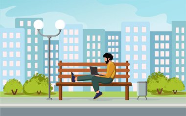 Serbest çalışma, uzaktan çalışma, iş konsepti. Sokak bankında dizüstü bilgisayar kullanan bir adam, ekranı düzenle. Vektör düz çizgi film illüstrasyonu.