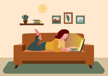 Serbest ev ya da konsept öğrenimi. Uzaktan kumanda. Kadın evde oturuyor. Bilgisayarlı kız kanepede yatıyor. Çizgi film düz vektör çizimi.